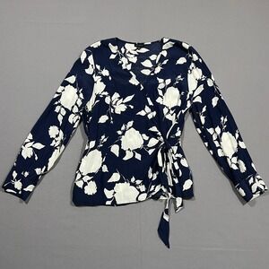 Talbots Wrap Blouse Floral Crepe Long Sleeve Navy Blue White Classic Women's L